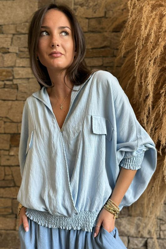 Basso Button Drape Batwing Shirt Baby Blue /18=